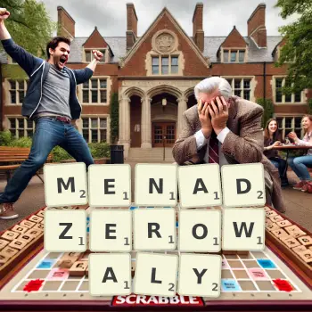 Kreatywna ilustracja do gry w Scrabble ze słowem MENADZEROWALY ułożonym z płytek na planszy.