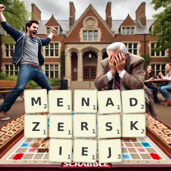 Kreatywna ilustracja do gry w Scrabble ze słowem MENADZERSKIEJ ułożonym z płytek na planszy.
