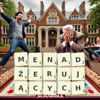 Kreatywna ilustracja do gry w Scrabble ze słowem MENADŻERUJĄCYCH ułożonym z płytek na planszy.