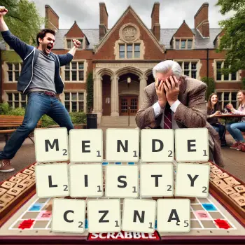 Kreatywna ilustracja do gry w Scrabble ze słowem MENDELISTYCZNĄ ułożonym z płytek na planszy.
