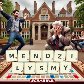 Kreatywna ilustracja do gry w Scrabble ze słowem MENDZILYSMY ułożonym z płytek na planszy.