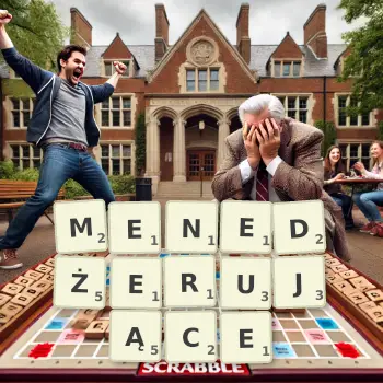 Kreatywna ilustracja do gry w Scrabble ze słowem MENEDŻERUJĄCE ułożonym z płytek na planszy.