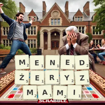 Kreatywna ilustracja do gry w Scrabble ze słowem MENEDŻERYZMAMI ułożonym z płytek na planszy.