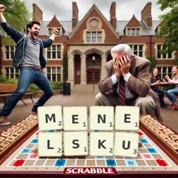 Kreatywna ilustracja do gry w Scrabble ze słowem MENELSKU ułożonym z płytek na planszy.