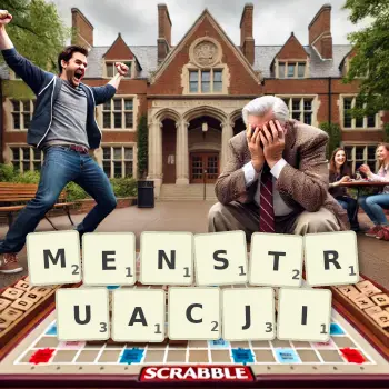 Kreatywna ilustracja do gry w Scrabble ze słowem MENSTRUACJI ułożonym z płytek na planszy.