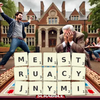 Kreatywna ilustracja do gry w Scrabble ze słowem MENSTRUACYJNYMI ułożonym z płytek na planszy.