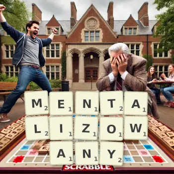 Kreatywna ilustracja do gry w Scrabble ze słowem MENTALIZOWANY ułożonym z płytek na planszy.