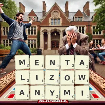 Kreatywna ilustracja do gry w Scrabble ze słowem MENTALIZOWANYMI ułożonym z płytek na planszy.