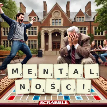 Kreatywna ilustracja do gry w Scrabble ze słowem MENTALNOŚCI ułożonym z płytek na planszy.