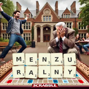 Kreatywna ilustracja do gry w Scrabble ze słowem MENZURALNY ułożonym z płytek na planszy.