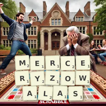 Kreatywna ilustracja do gry w Scrabble ze słowem MERCERYZOWALAS ułożonym z płytek na planszy.