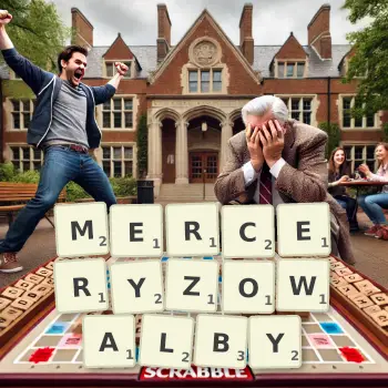 Kreatywna ilustracja do gry w Scrabble ze słowem MERCERYZOWALBY ułożonym z płytek na planszy.