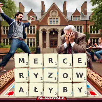 Kreatywna ilustracja do gry w Scrabble ze słowem MERCERYZOWAŁYBY ułożonym z płytek na planszy.