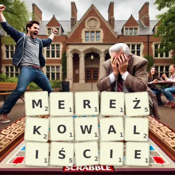 Kreatywna ilustracja do gry w Scrabble ze słowem MEREŻKOWALIŚCIE ułożonym z płytek na planszy.