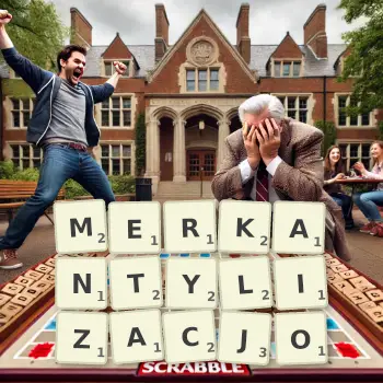 Kreatywna ilustracja do gry w Scrabble ze słowem MERKANTYLIZACJO ułożonym z płytek na planszy.