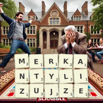 Kreatywna ilustracja do gry w Scrabble ze słowem MERKANTYLIZUJZE ułożonym z płytek na planszy.