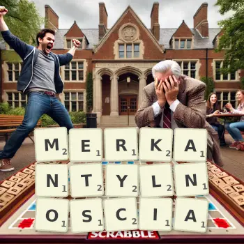 Kreatywna ilustracja do gry w Scrabble ze słowem MERKANTYLNOSCIA ułożonym z płytek na planszy.