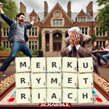 Kreatywna ilustracja do gry w Scrabble ze słowem MERKURYMETRIACH ułożonym z płytek na planszy.
