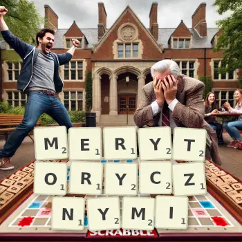 Kreatywna ilustracja do gry w Scrabble ze słowem MERYTORYCZNYMI ułożonym z płytek na planszy.
