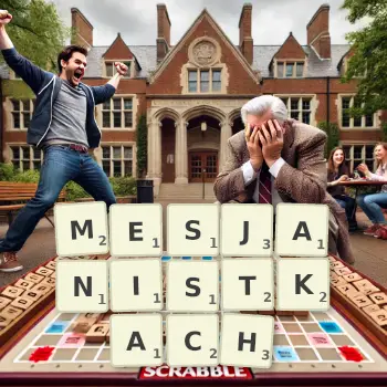 Kreatywna ilustracja do gry w Scrabble ze słowem MESJANISTKACH ułożonym z płytek na planszy.