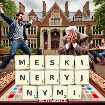 Kreatywna ilustracja do gry w Scrabble ze słowem MESKINERYJNYMI ułożonym z płytek na planszy.