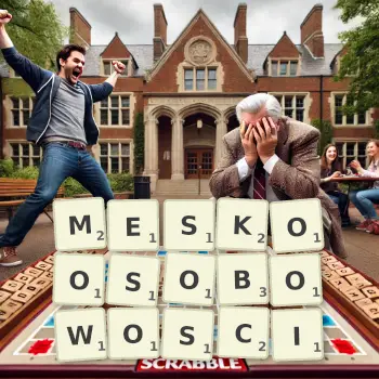 Kreatywna ilustracja do gry w Scrabble ze słowem MESKOOSOBOWOSCI ułożonym z płytek na planszy.