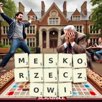 Kreatywna ilustracja do gry w Scrabble ze słowem MESKORZECZOWI ułożonym z płytek na planszy.