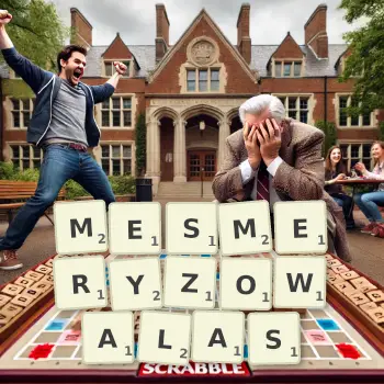 Kreatywna ilustracja do gry w Scrabble ze słowem MESMERYZOWALAS ułożonym z płytek na planszy.