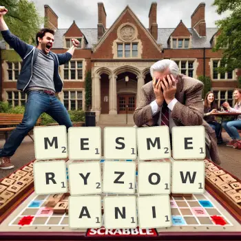 Kreatywna ilustracja do gry w Scrabble ze słowem MESMERYZOWANI ułożonym z płytek na planszy.