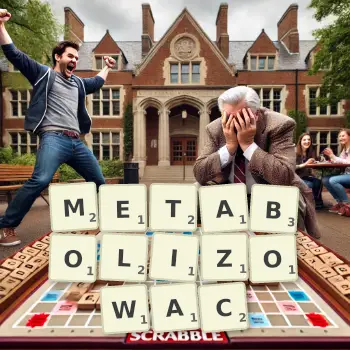 Kreatywna ilustracja do gry w Scrabble ze słowem METABOLIZOWAC ułożonym z płytek na planszy.