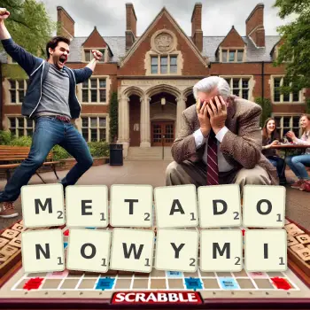 Kreatywna ilustracja do gry w Scrabble ze słowem METADONOWYMI ułożonym z płytek na planszy.