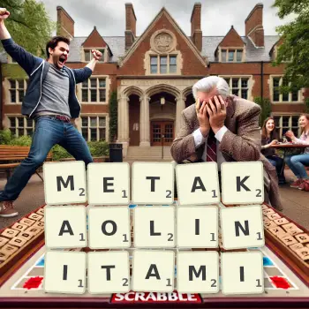 Kreatywna ilustracja do gry w Scrabble ze słowem METAKAOLINITAMI ułożonym z płytek na planszy.