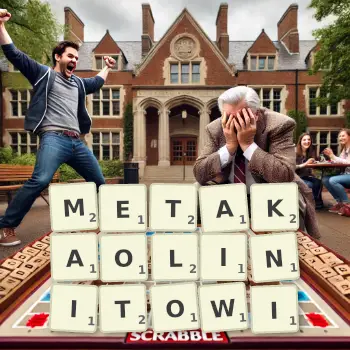 Kreatywna ilustracja do gry w Scrabble ze słowem METAKAOLINITOWI ułożonym z płytek na planszy.