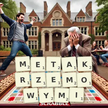 Kreatywna ilustracja do gry w Scrabble ze słowem METAKRZEMOWYMI ułożonym z płytek na planszy.
