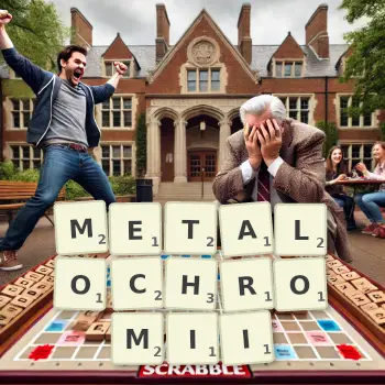 Kreatywna ilustracja do gry w Scrabble ze słowem METALOCHROMII ułożonym z płytek na planszy.