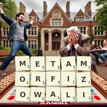 Kreatywna ilustracja do gry w Scrabble ze słowem METAMORFIZOWALI ułożonym z płytek na planszy.