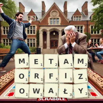 Kreatywna ilustracja do gry w Scrabble ze słowem METAMORFIZOWAŁY ułożonym z płytek na planszy.