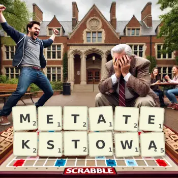 Kreatywna ilustracja do gry w Scrabble ze słowem METATEKSTOWĄ ułożonym z płytek na planszy.