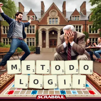 Kreatywna ilustracja do gry w Scrabble ze słowem METODOLOGII ułożonym z płytek na planszy.