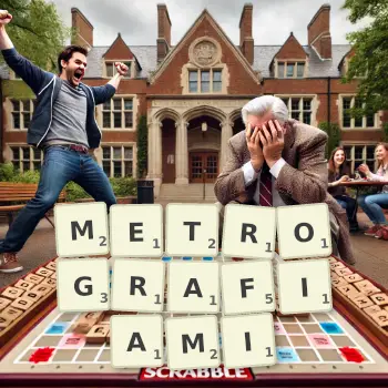 Kreatywna ilustracja do gry w Scrabble ze słowem METROGRAFIAMI ułożonym z płytek na planszy.