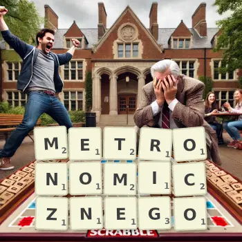 Kreatywna ilustracja do gry w Scrabble ze słowem METRONOMICZNEGO ułożonym z płytek na planszy.
