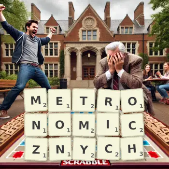 Kreatywna ilustracja do gry w Scrabble ze słowem METRONOMICZNYCH ułożonym z płytek na planszy.