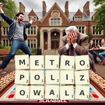 Kreatywna ilustracja do gry w Scrabble ze słowem METROPOLIZOWALA ułożonym z płytek na planszy.