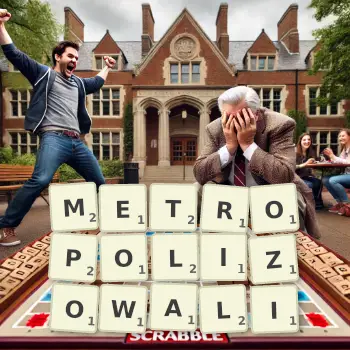 Kreatywna ilustracja do gry w Scrabble ze słowem METROPOLIZOWALI ułożonym z płytek na planszy.