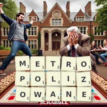 Kreatywna ilustracja do gry w Scrabble ze słowem METROPOLIZOWANE ułożonym z płytek na planszy.
