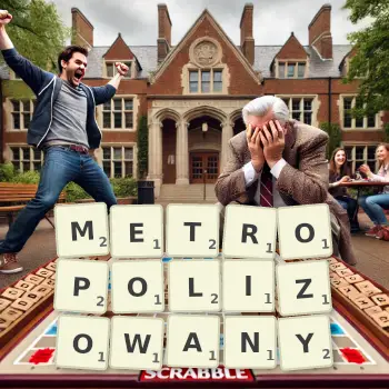 Kreatywna ilustracja do gry w Scrabble ze słowem METROPOLIZOWANY ułożonym z płytek na planszy.