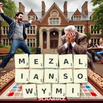 Kreatywna ilustracja do gry w Scrabble ze słowem MEZALIANSOWYMI ułożonym z płytek na planszy.