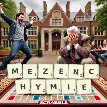 Kreatywna ilustracja do gry w Scrabble ze słowem MEZENCHYMIE ułożonym z płytek na planszy.
