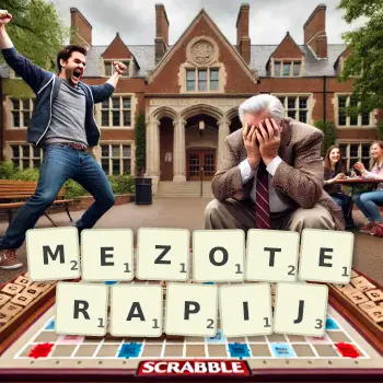 Kreatywna ilustracja do gry w Scrabble ze słowem MEZOTERAPIJ ułożonym z płytek na planszy.