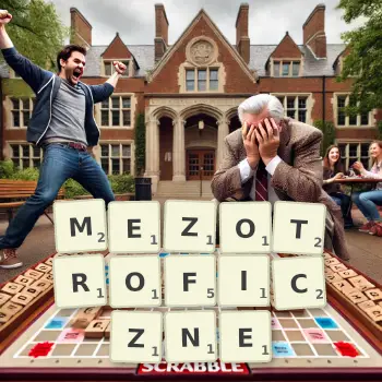 Kreatywna ilustracja do gry w Scrabble ze słowem MEZOTROFICZNE ułożonym z płytek na planszy.